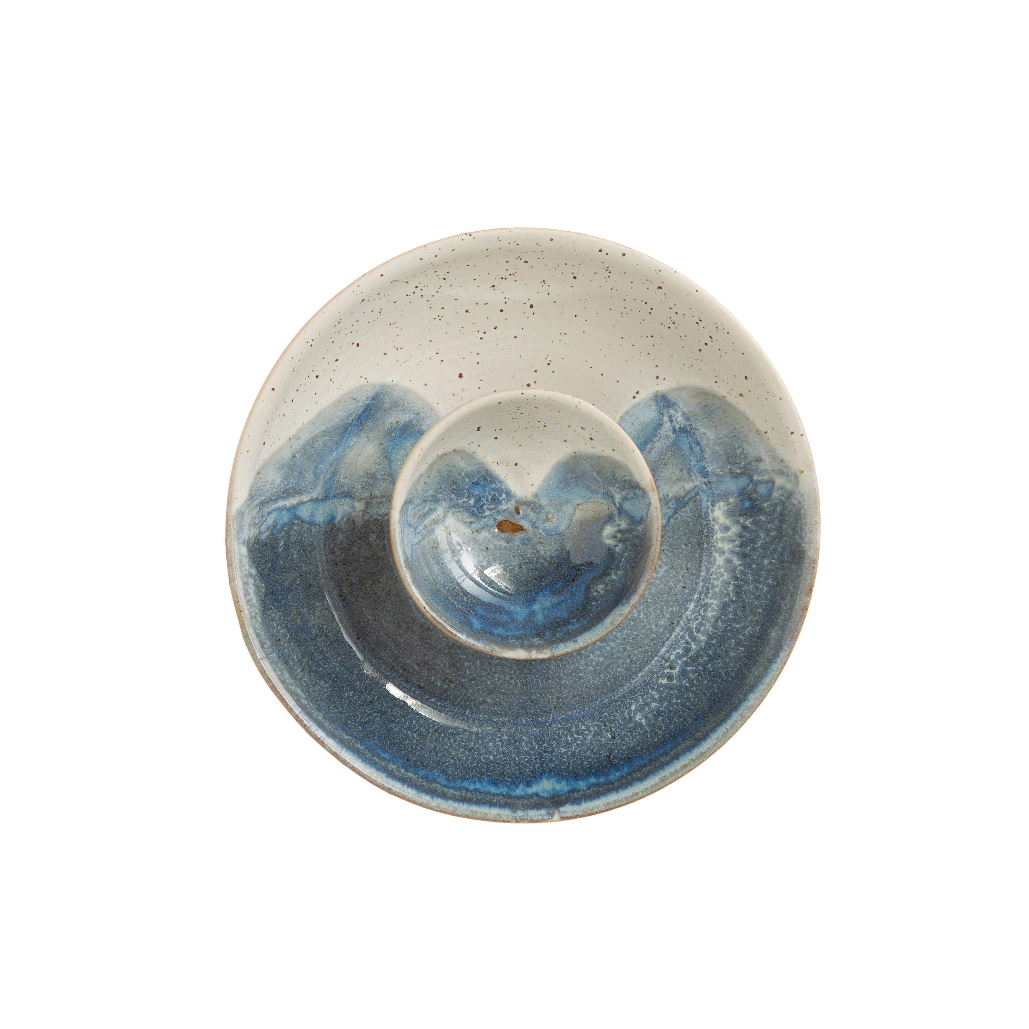 Bloomingville AH2521 Hand-Painted Chip and Dip Bowl, Stoneware, Blue/Cream - 3