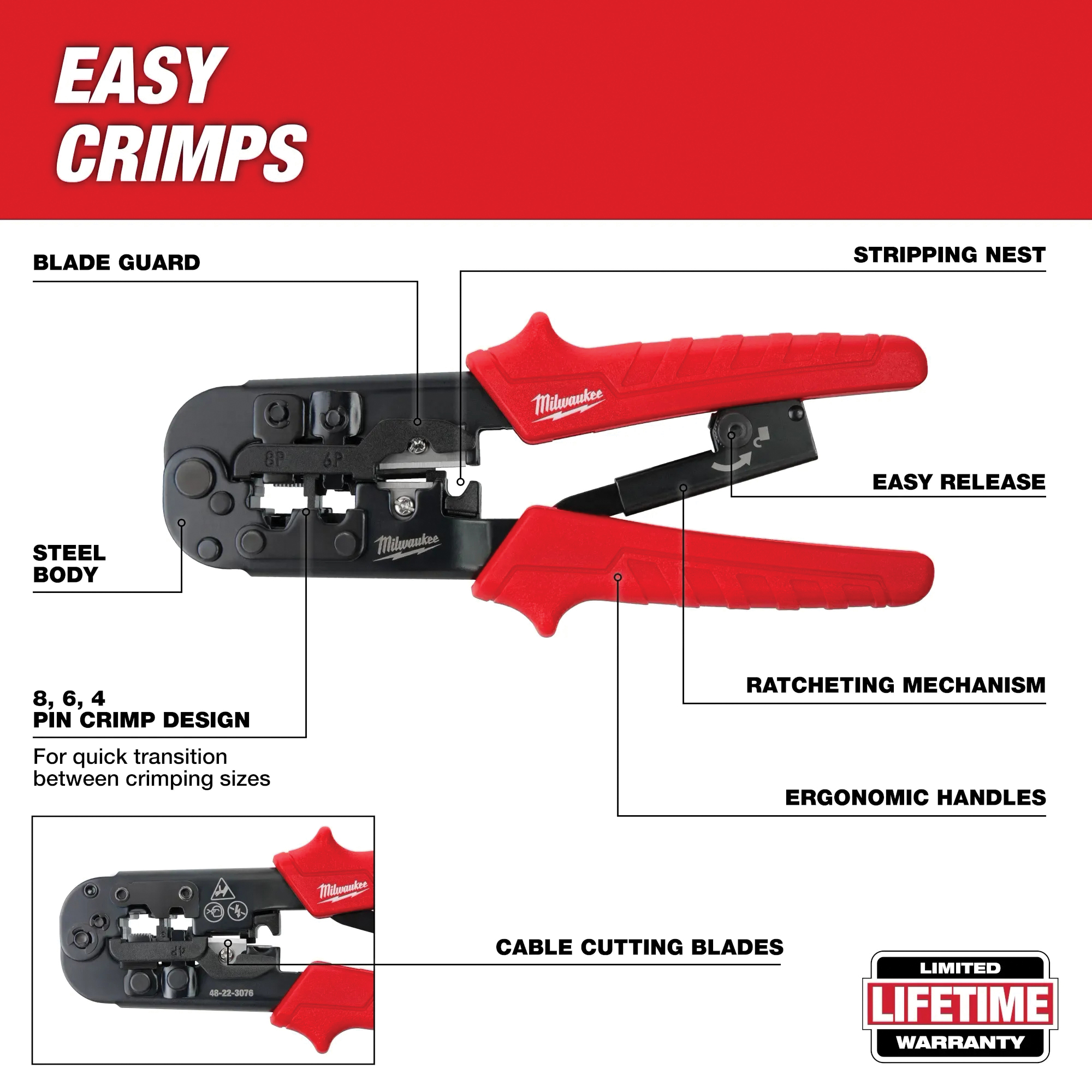Milwaukee 48-22-3076 Ratcheting Modular Crimper and Stripper, 3.35 in OAL, Comfort, Ergonomic Handle - 2