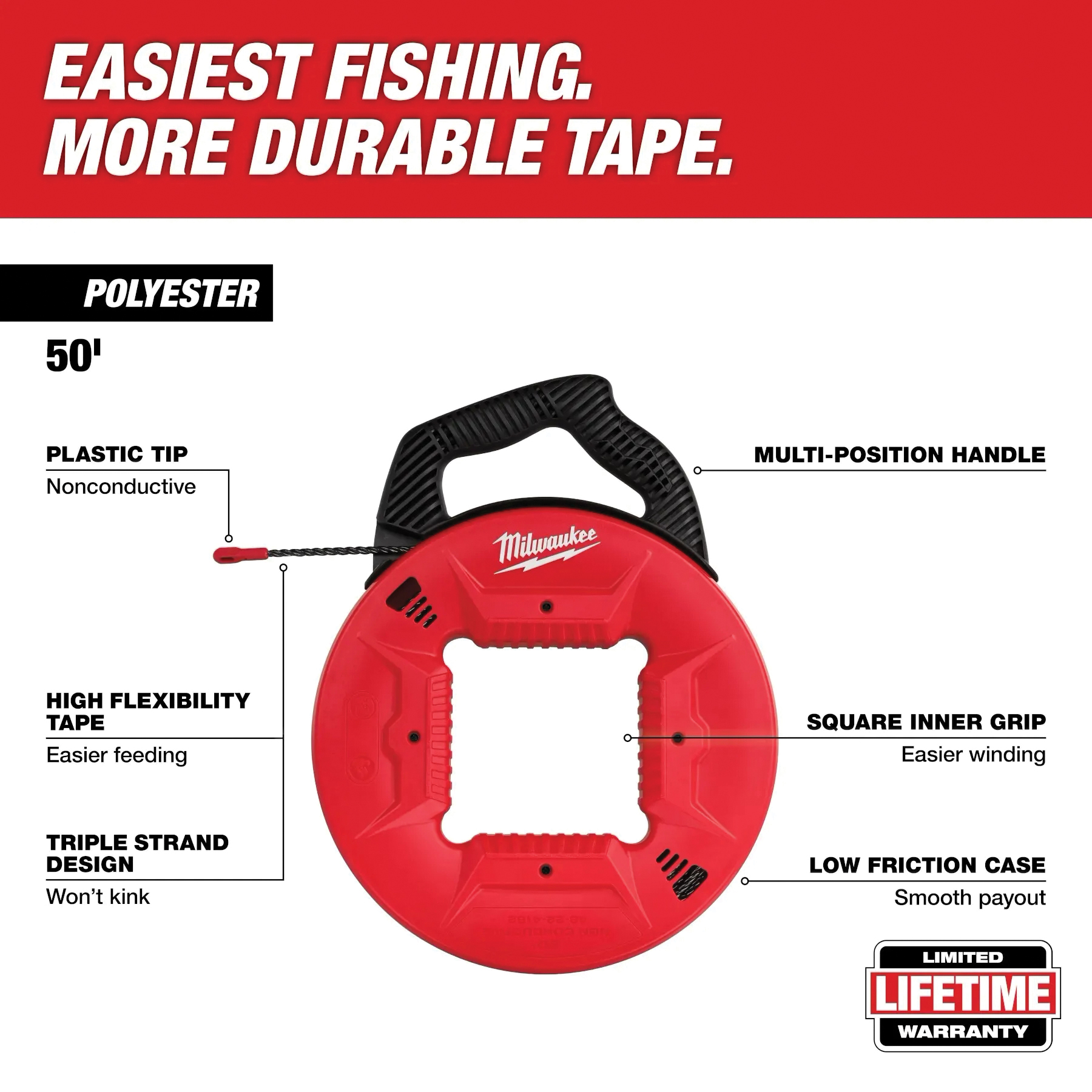 Milwaukee 48-22-4162 Fish Tape with Nonconductive Tip, 50 ft L Tape, Polyester Tape - 2