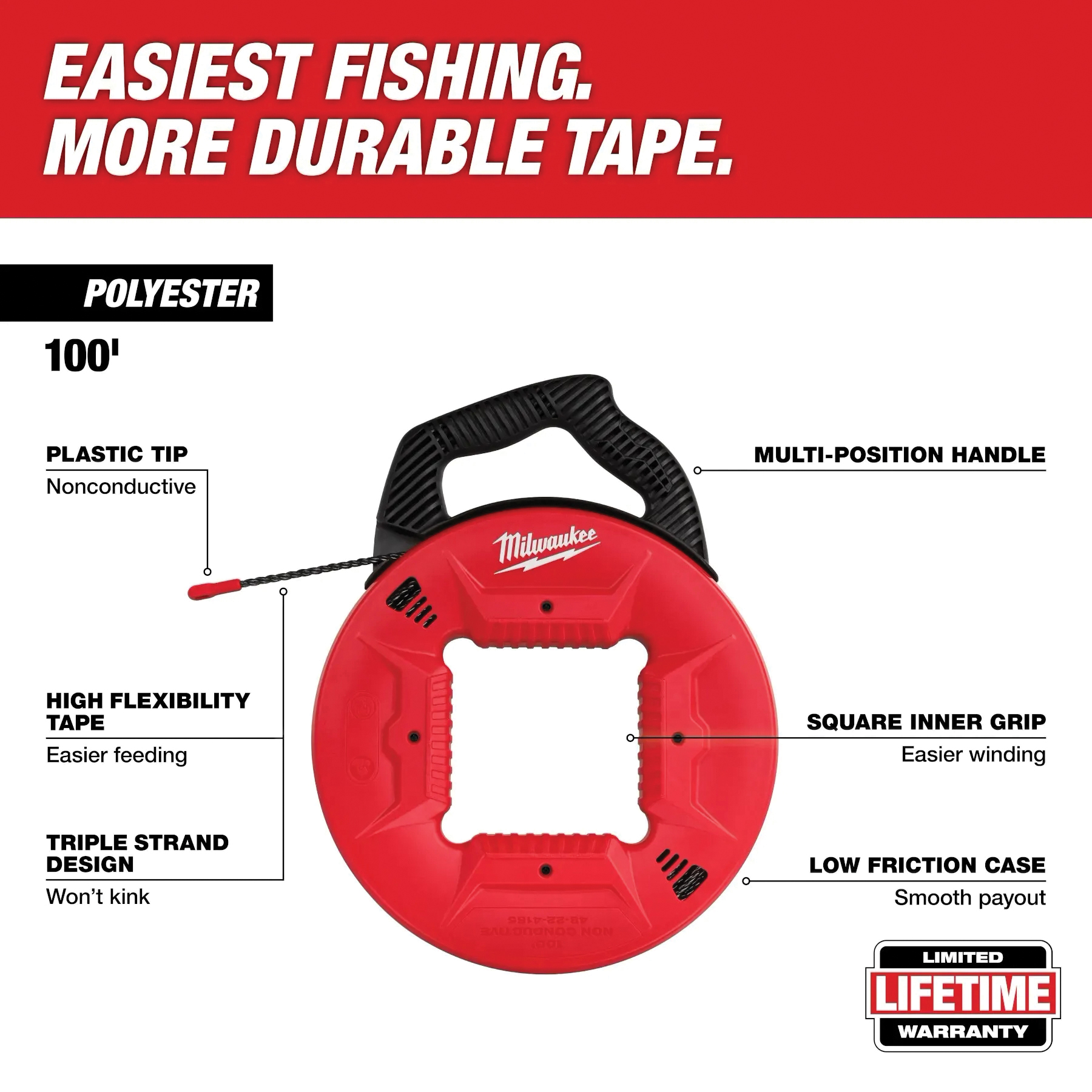 Milwaukee 48-22-4165 Fish Tape with Nonconductive Tip, 100 ft L Tape, Polyester Tape - 2