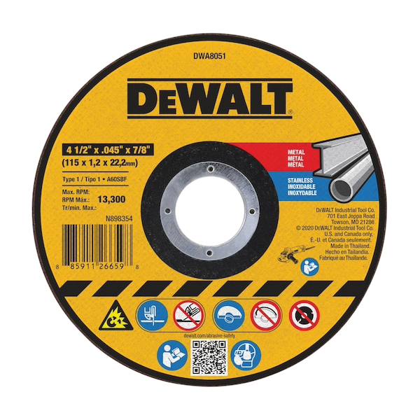DWA8051B5 Cutting Wheel, 4-1/2 in Dia, 0.045 in Thick, 7/8 in Arbor, Aluminum Oxide Abrasive