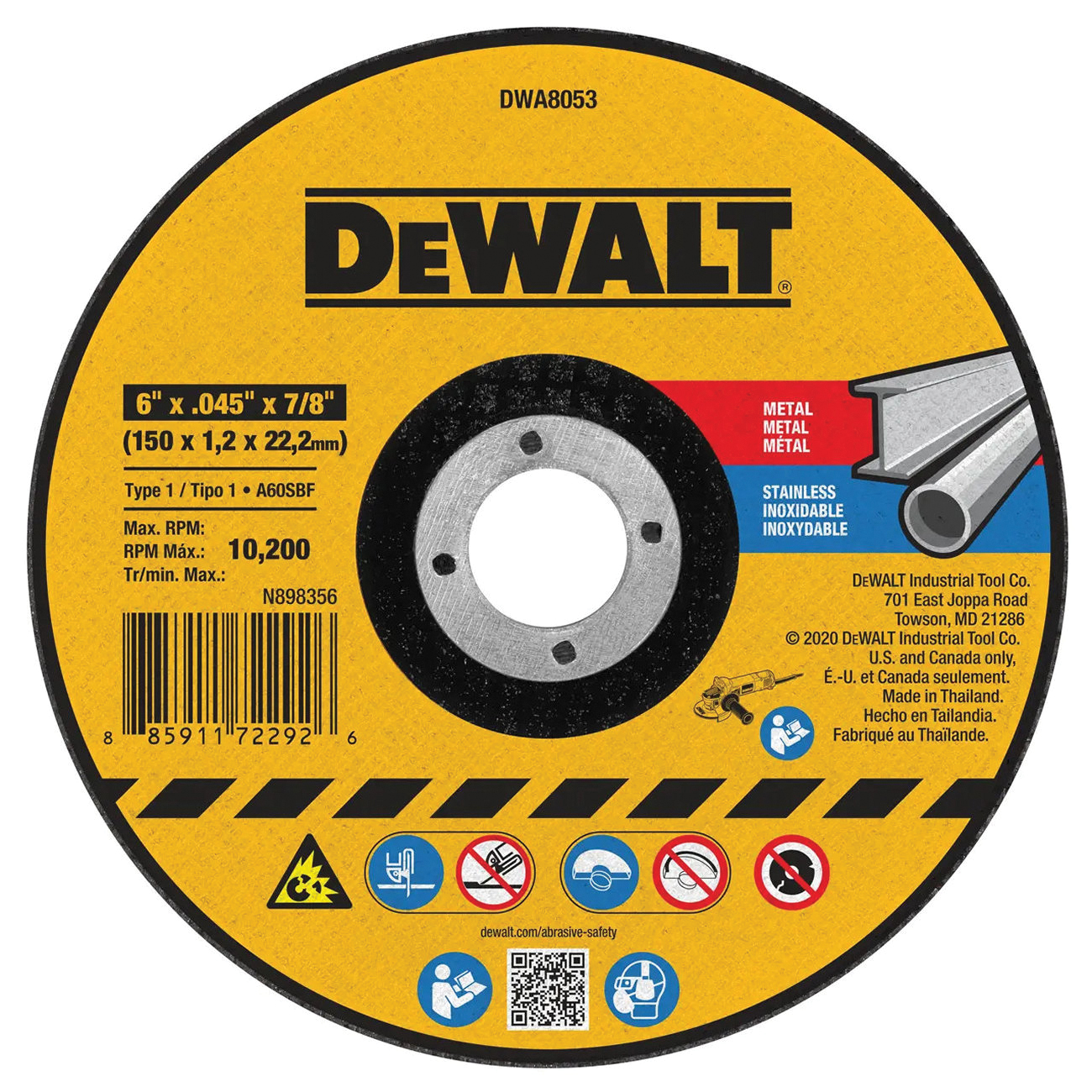 DWA8053 Cut-Off Wheel, 6 in Dia, 0.045 in Thick, 7/8 in Arbor, Medium, Aluminum Oxide Abrasive