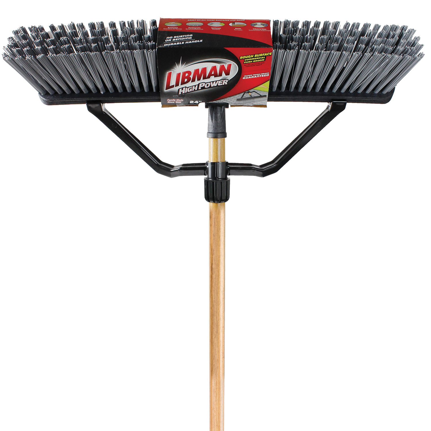 1293 Rough-Surface Push Broom, 4 in L Trim, Polymer Bristle, 65 in L, Wood Handle, Black/Gray