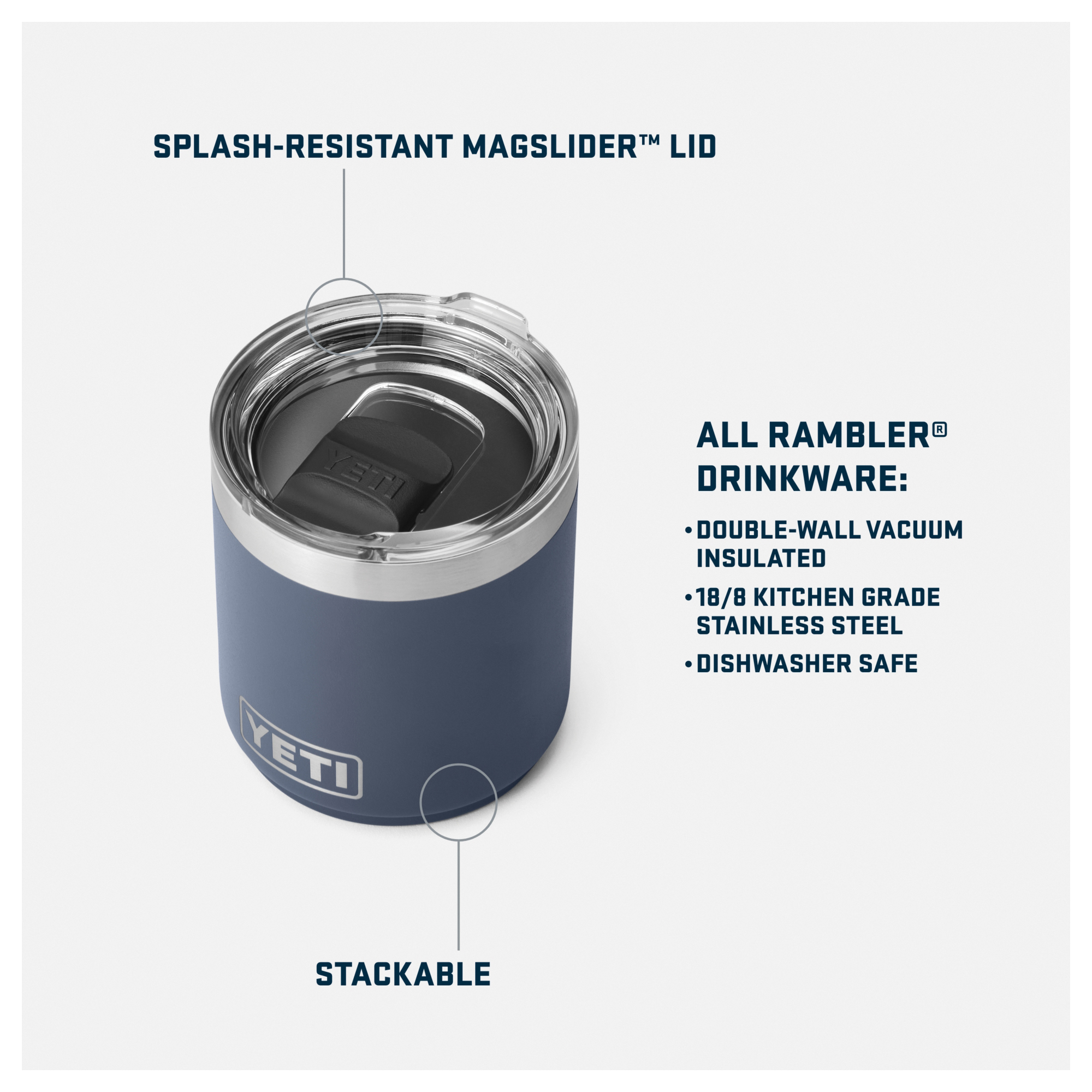 Yeti Rambler Lowball 2.0 Series 21071504012 Tumbler, 10 oz Can/Bottle, Stainless Steel, White - 2