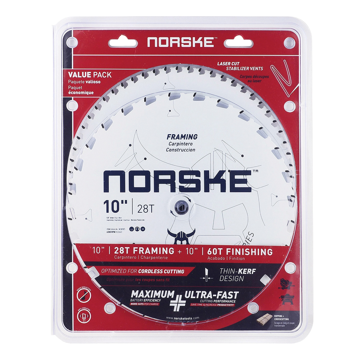 Norske Trade Series NCSBT150C Saw Blade Combo Pack, 10 in Dia, 5/8 in Arbor, 28, 60 -Teeth, Carbide Cutting Edge - 2