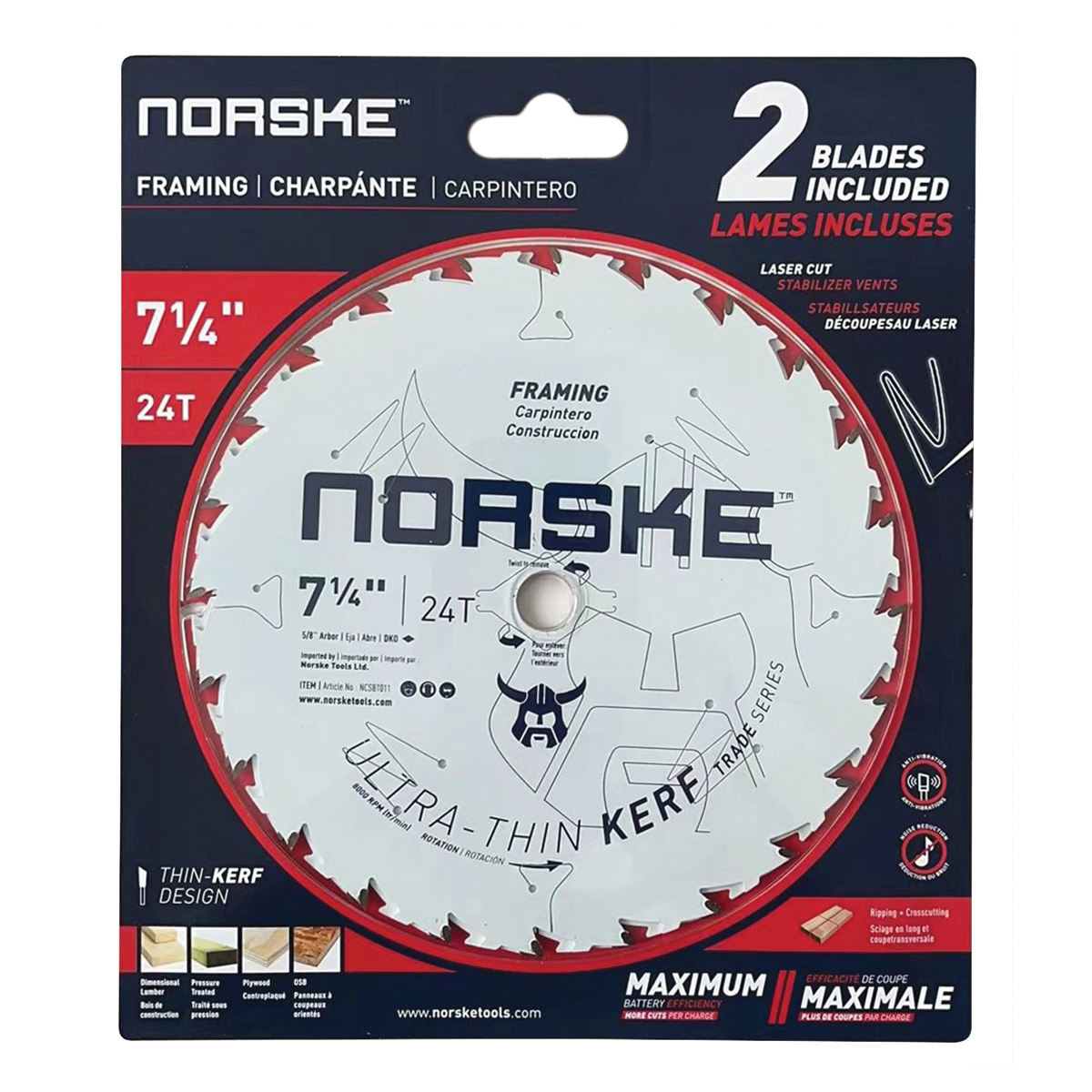 Norske Trade Series NCSBT011T Saw Blade Combo Pack, 7-1/4 in Dia, 5/8 in Arbor, 24 -Teeth, Carbide Cutting Edge - 2