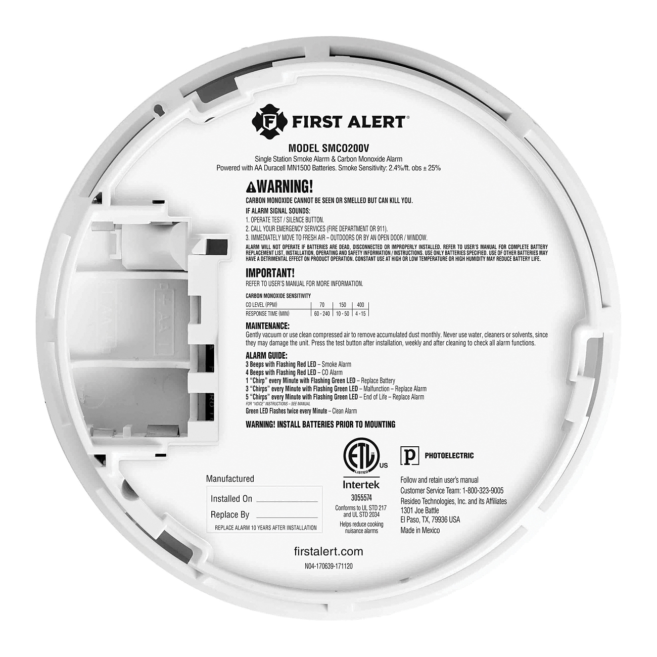 2-in-1 Smoke Alarm and CO Alarm, First Alert, 10 ft, 85 dB, Electrochemical, Photoelectric Sensor, Ceiling, Wall - 3