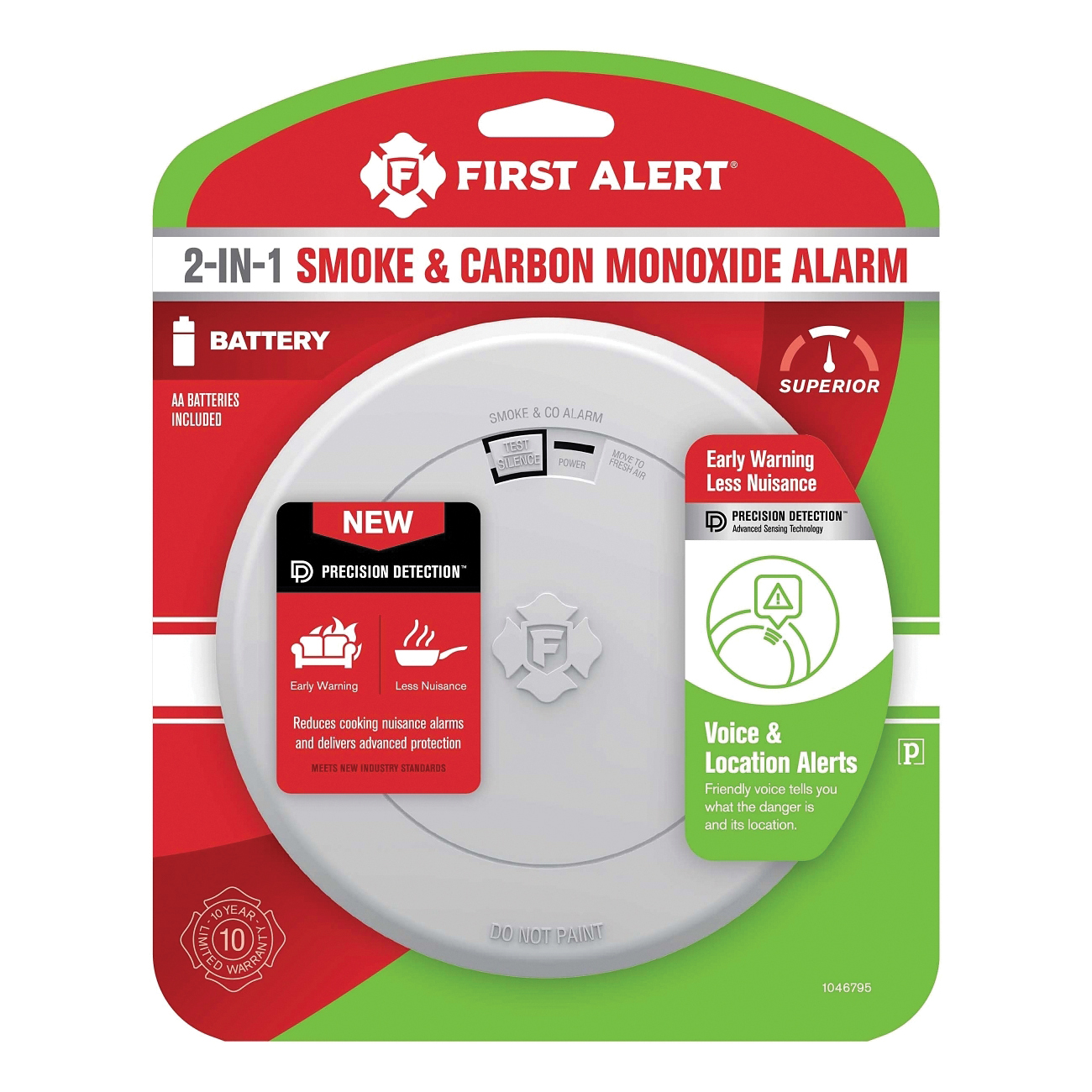 2-in-1 Smoke Alarm and CO Alarm, First Alert, 10 ft, 85 dB, Electrochemical, Photoelectric Sensor, Ceiling, Wall - 5