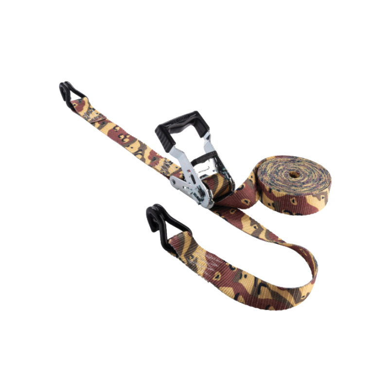 47323 Ratchet Tie-Down with Open Handle, 1-1/4 in W, 16 ft L, Camo, 1000 lb Working Load, J-Hook End