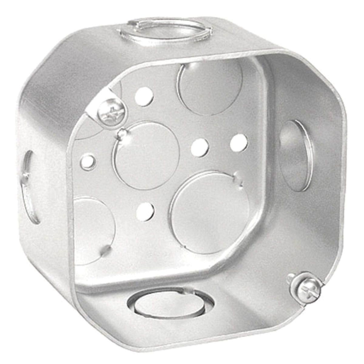 54171-S-UPC Octagon Box, 4 in OAW, 2-1/8 in OAD, 9-Knockout, Steel Housing Material, Silver, Galvanized