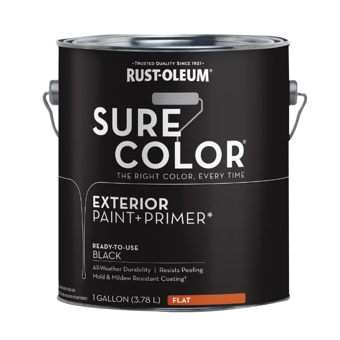 Sure Color 394669 Exterior Paint and Primer, Water, Flat, Black, 1 gal Can, 400 sq-ft/gal Coverage Area