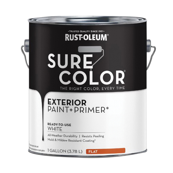 Sure Color 394670 Exterior Paint and Primer, Water, Flat, White, 1 gal Can, 400 sq-ft/gal Coverage Area
