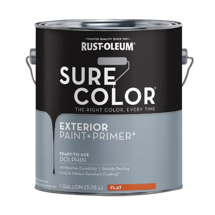 Sure Color 394673 Exterior Paint and Primer, Water, Flat, Dolphin, 1 gal Can, 400 sq-ft/gal Coverage Area