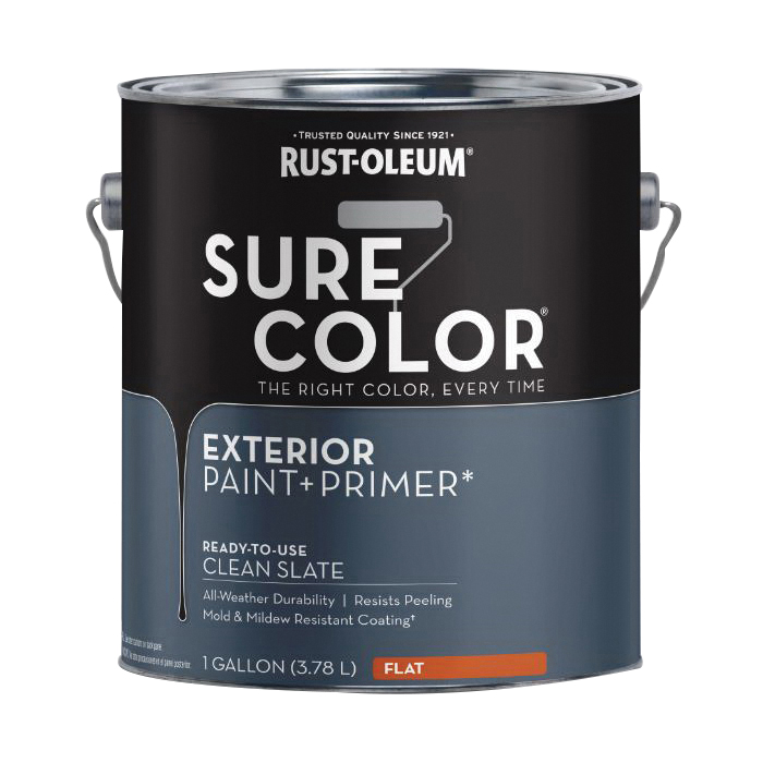 Sure Color 394674 Exterior Paint and Primer, Water, Flat, Clean Slate, 1 gal Can, 400 sq-ft/gal Coverage Area
