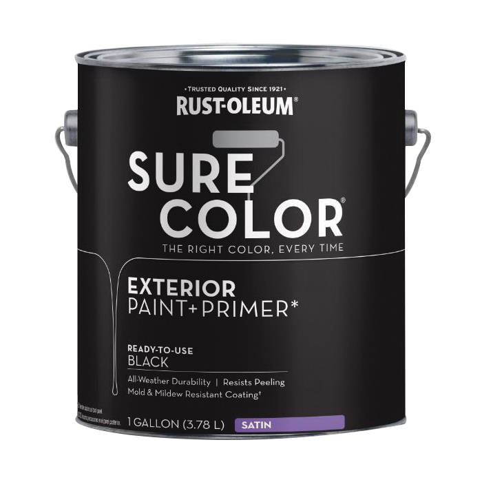 Sure Color 394677 Exterior Paint and Primer, Water, Satin, Black, 1 gal Can, 400 sq-ft/gal Coverage Area