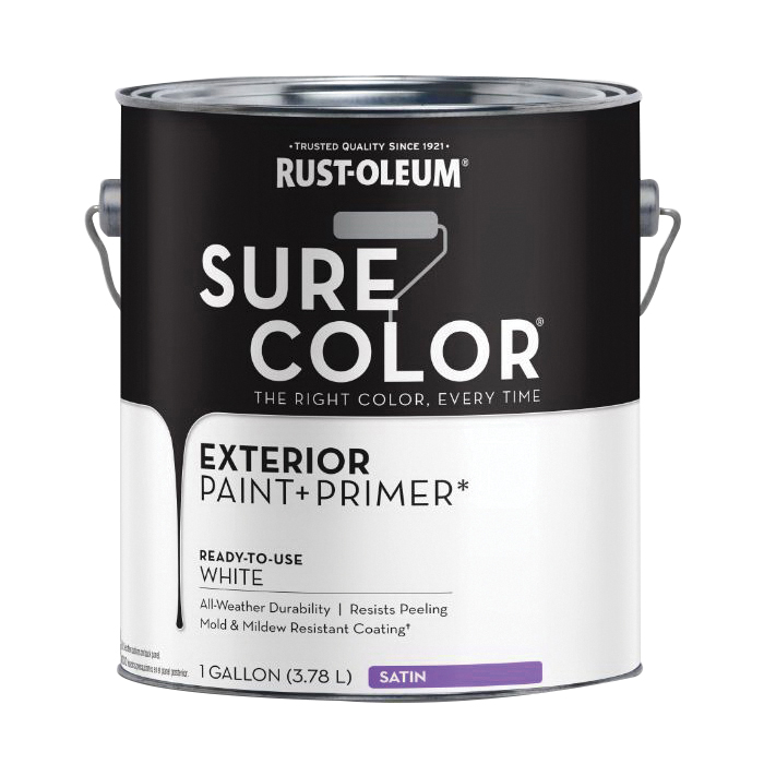 Sure Color 394678 Exterior Paint and Primer, Water, Satin, White, 1 gal Can, 400 sq-ft/gal Coverage Area