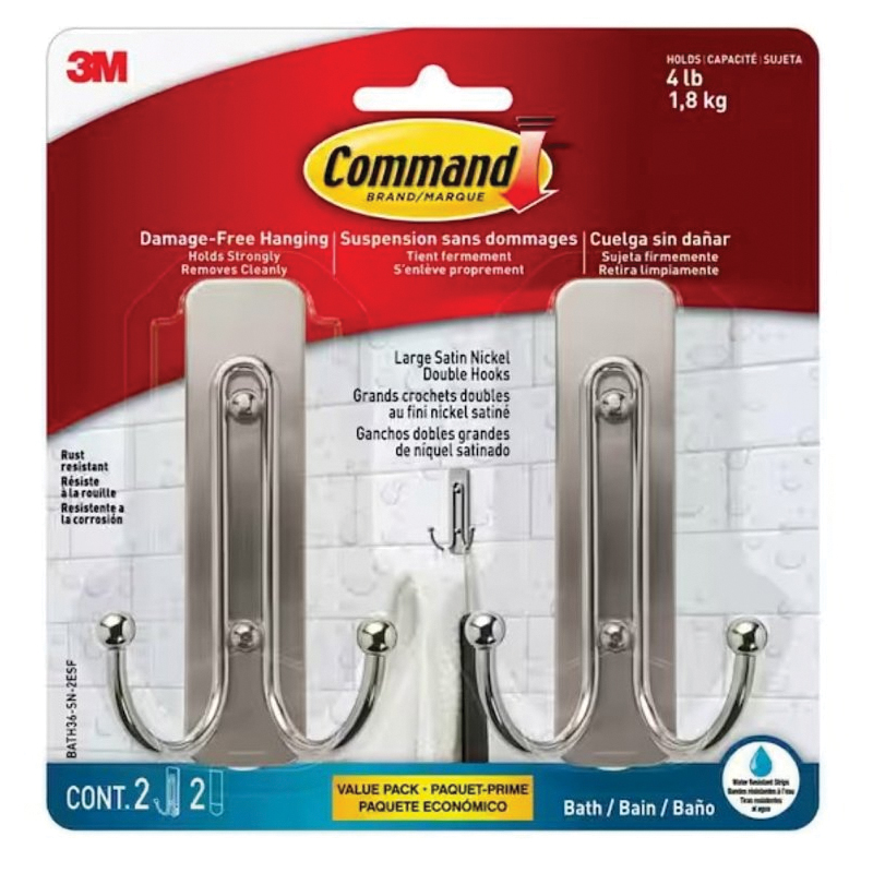 BATH36-SN-2ESF Large Bath Hook, 4 lb, 2-Hook, Metal, Satin Nickel