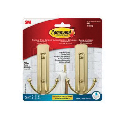 BATH36-BR-2ESF Large Bath Hook, 4 lb, 2-Hook, Metal, Satin Brass