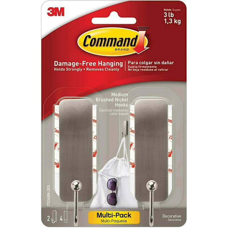 17034BN-2ES Medium Adhesive Hook, 3 lb, 2-Hook, Metal, Brushed Nickel