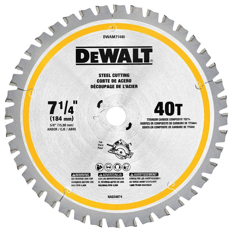 DWAM71440 Circular Saw Blade, 7-1/4 in Dia, 5/8 in Arbor, 40-Teeth, Carbide Cutting Edge