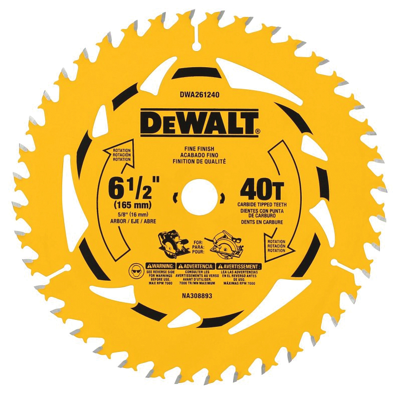 DWA261240B10 Circular Saw Blade, 6-1/2 in Dia, 5/8 in Arbor, 40-Teeth, Carbide Cutting Edge