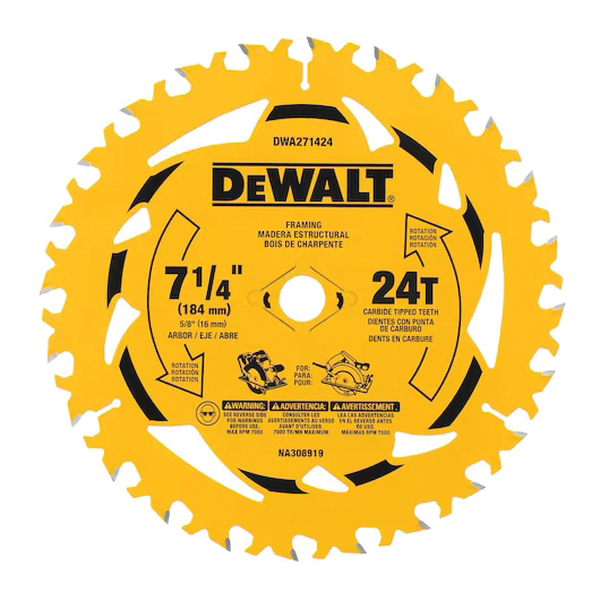 DWA271424PK3 Circular Saw Blade, 7-1/4 in Dia, 5/8 in Arbor, 24-Teeth, Carbide Cutting Edge