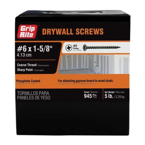 Grip-Rite 118CDWS1 Drywall Screw, 1-1/8 in L, Coarse Thread, Bugle Head, Phillips Drive, Sharp Point, Phosphate, 286 - 4