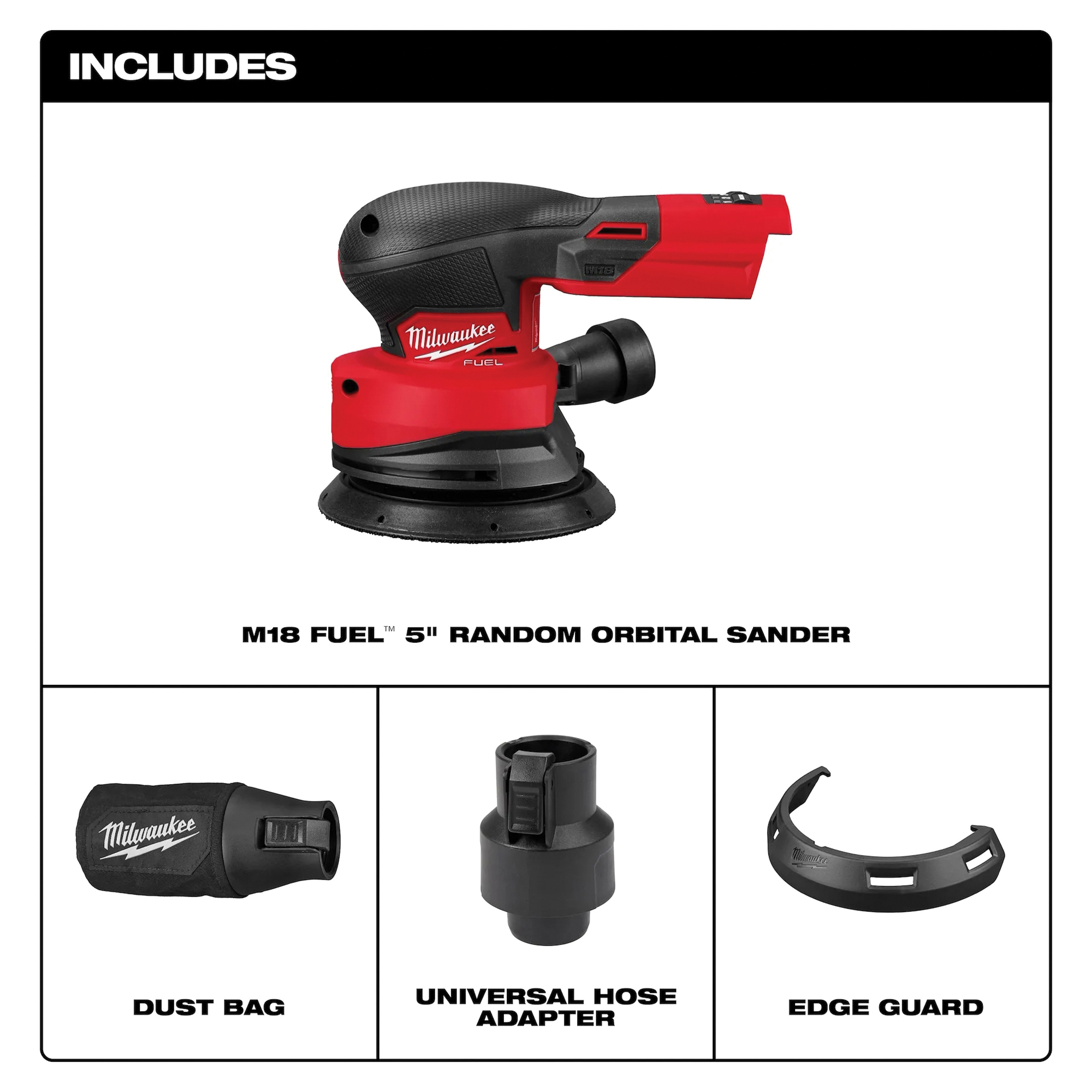 Random Orbital Sander, Milwaukee, Tool Only, 18 V, 5 in Pad/Disc, 12,000 rpm Load Speed, Button Throttle - 2