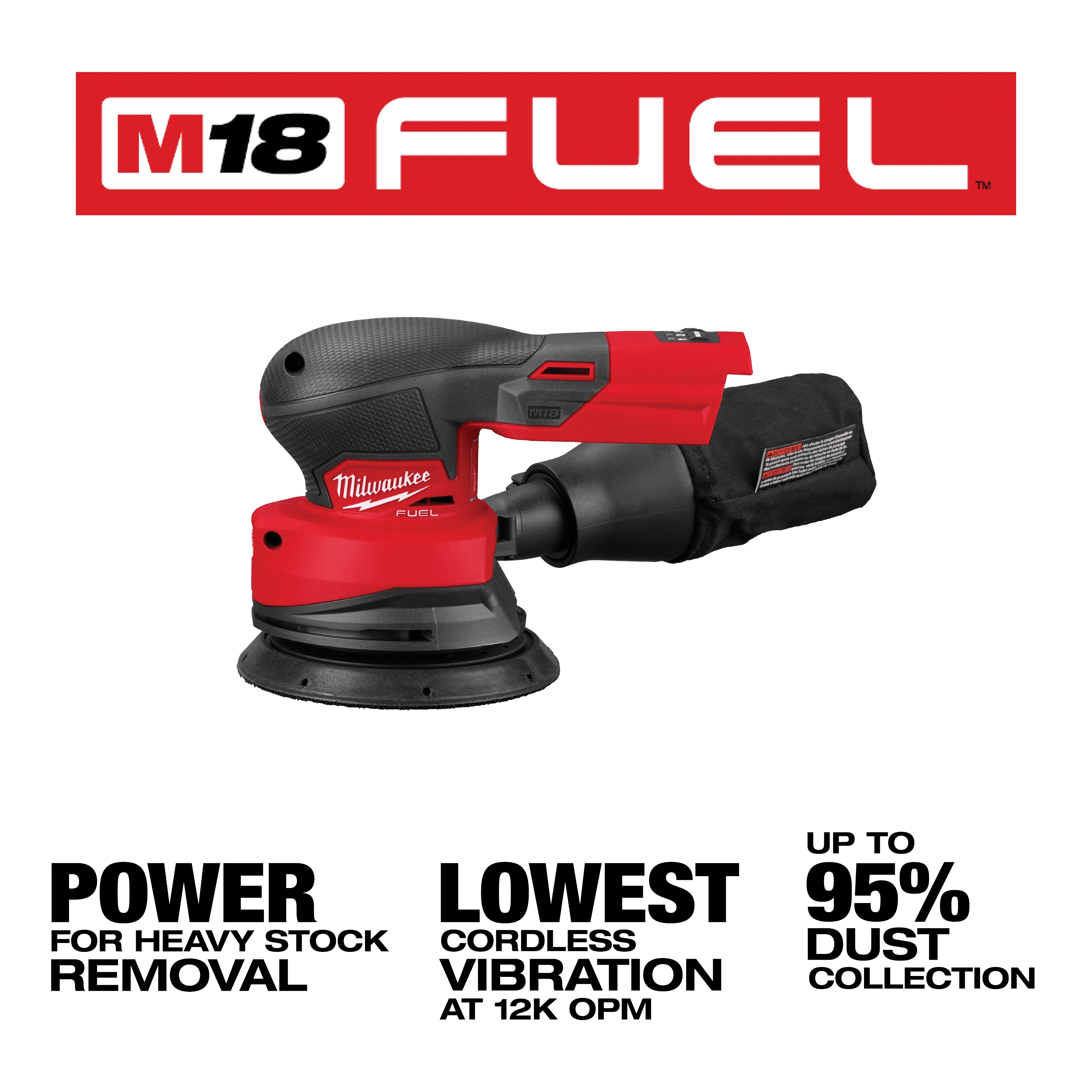 Random Orbital Sander, Milwaukee, Tool Only, 18 V, 5 in Pad/Disc, 12,000 rpm Load Speed, Button Throttle - 3