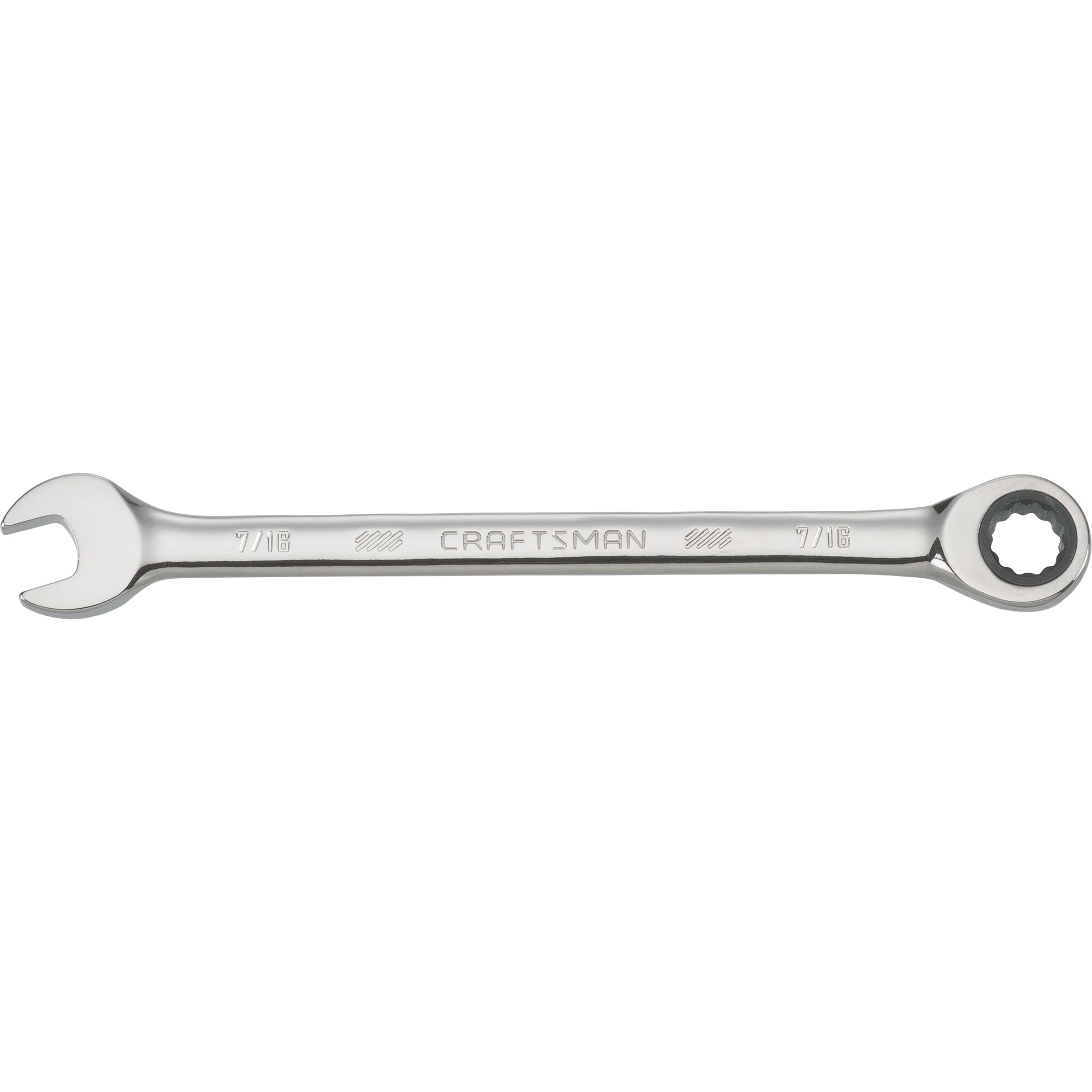 CMMT42562 Ratcheting Wrench, SAE, 7/16 in Head, 7.4 in L, 12-Point, Steel, Polished Chrome