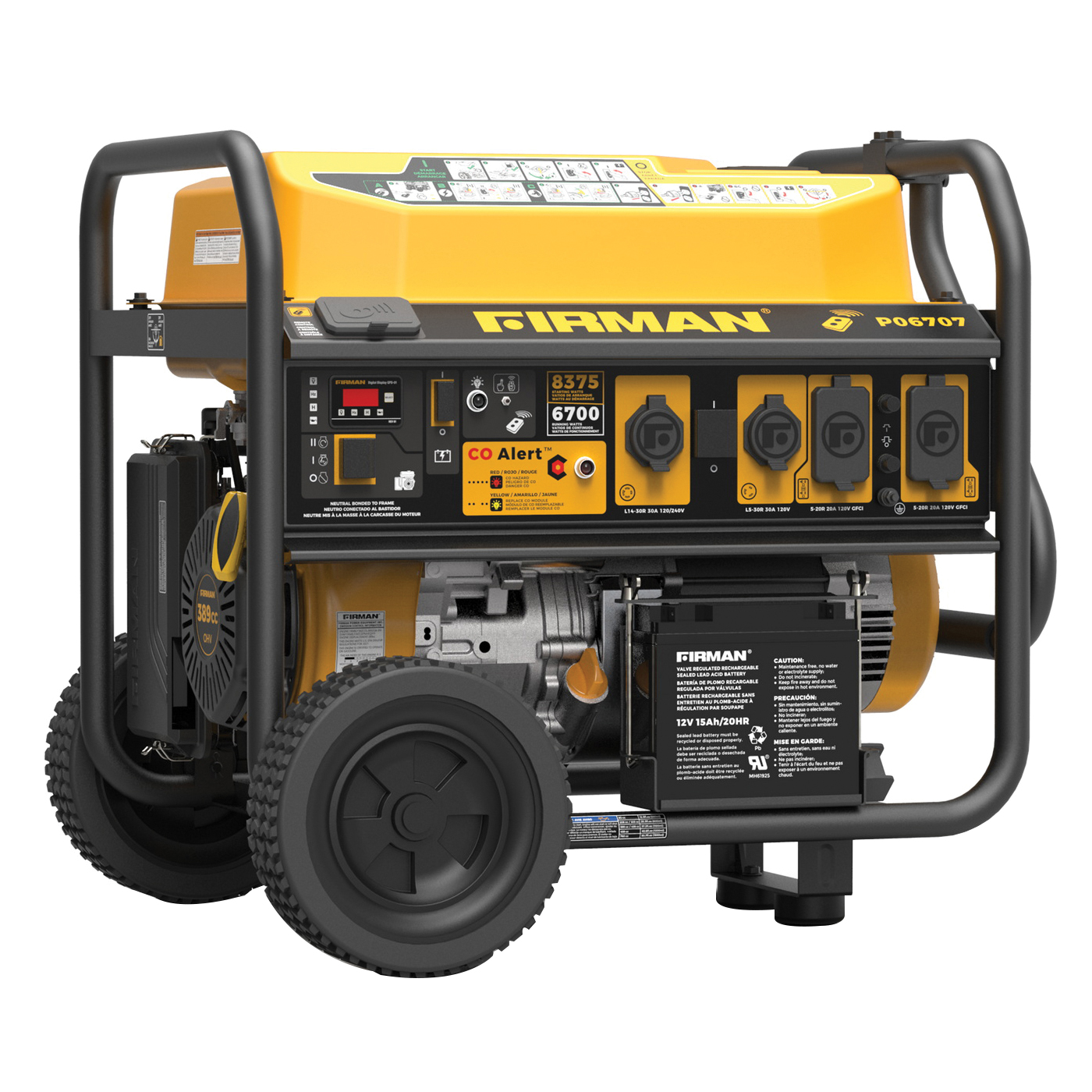 P06707 Portable Generator, 30 A, 1200/240 V, 8375/6700 W Output, Gas, 13 hr Run Time, Electric, Remote, Recoil Start