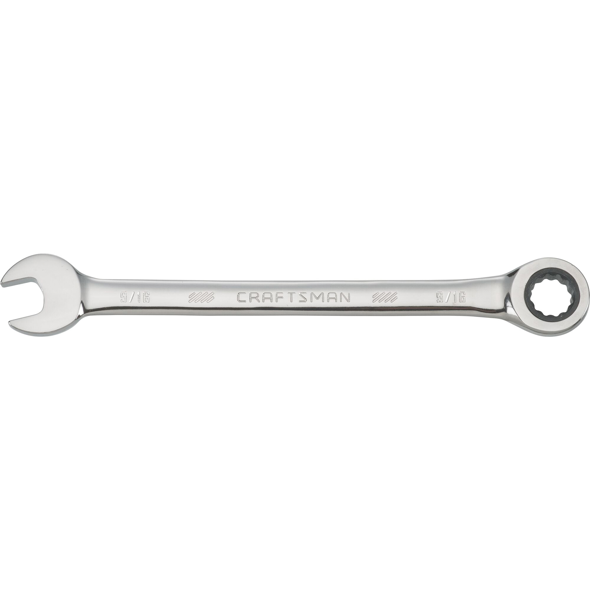CMMT42564 Ratcheting Wrench, SAE, 9/16 in Drive, 8.8 in L, 12-Point, Steel, Polished Chrome, Standard Handle