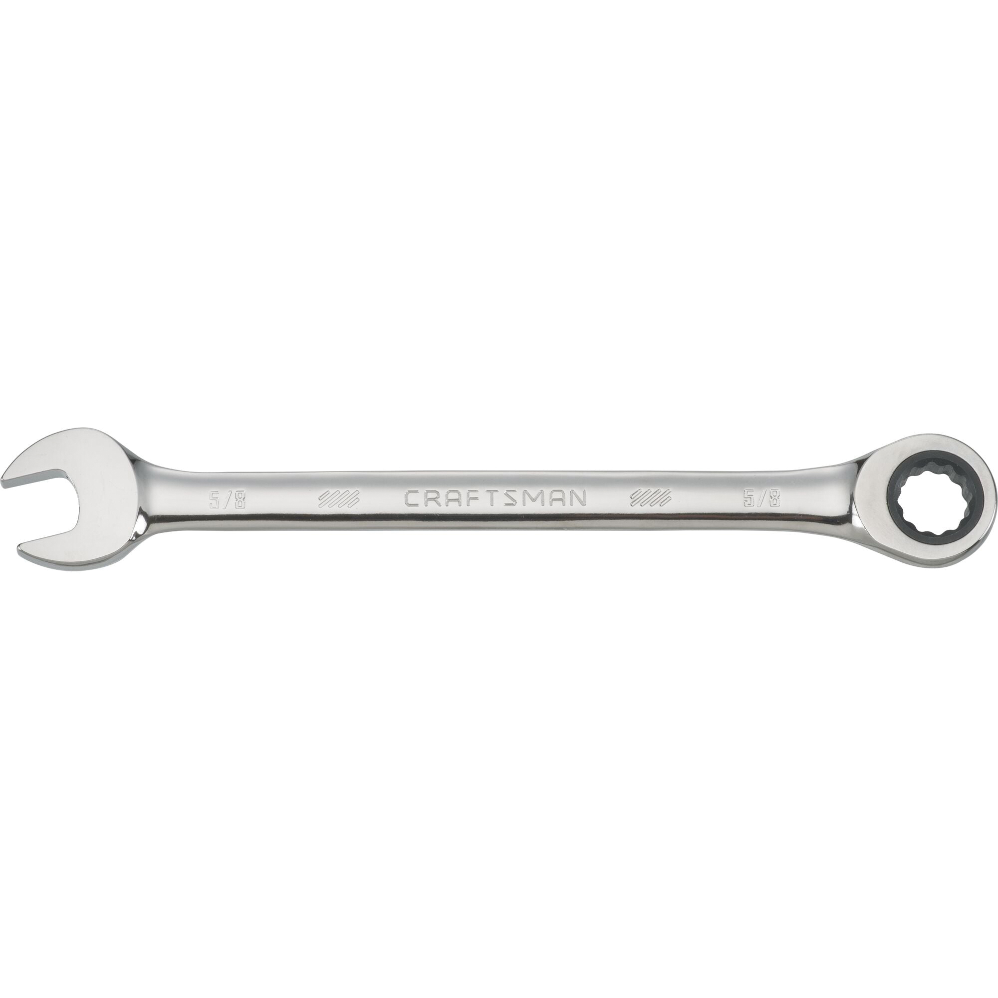 CMMT42565 Ratcheting Wrench, SAE, 5/8 in Drive, 8 in L, 12-Point, Steel, Polished Chrome, Standard Handle