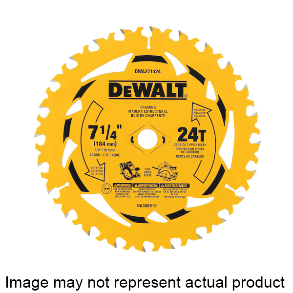 DEWALT DWA261224 Circular Saw Blade, 6-1/2 in Dia, 5/8 in Arbor, 24-Teeth, Tungsten Carbide Cutting Edge