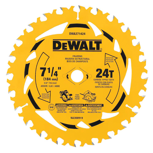DEWALT DWA271424/1714 Circular Saw Blade, 7-1/4 in Dia, 5/8 in Arbor, 24-Teeth, Tungsten Carbide Cutting Edge