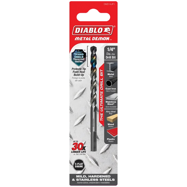 Diablo Metal Demon DMD14JP1 Drill Bit, 1/4 in Dia, 4 in OAL, Three-Flat Shank