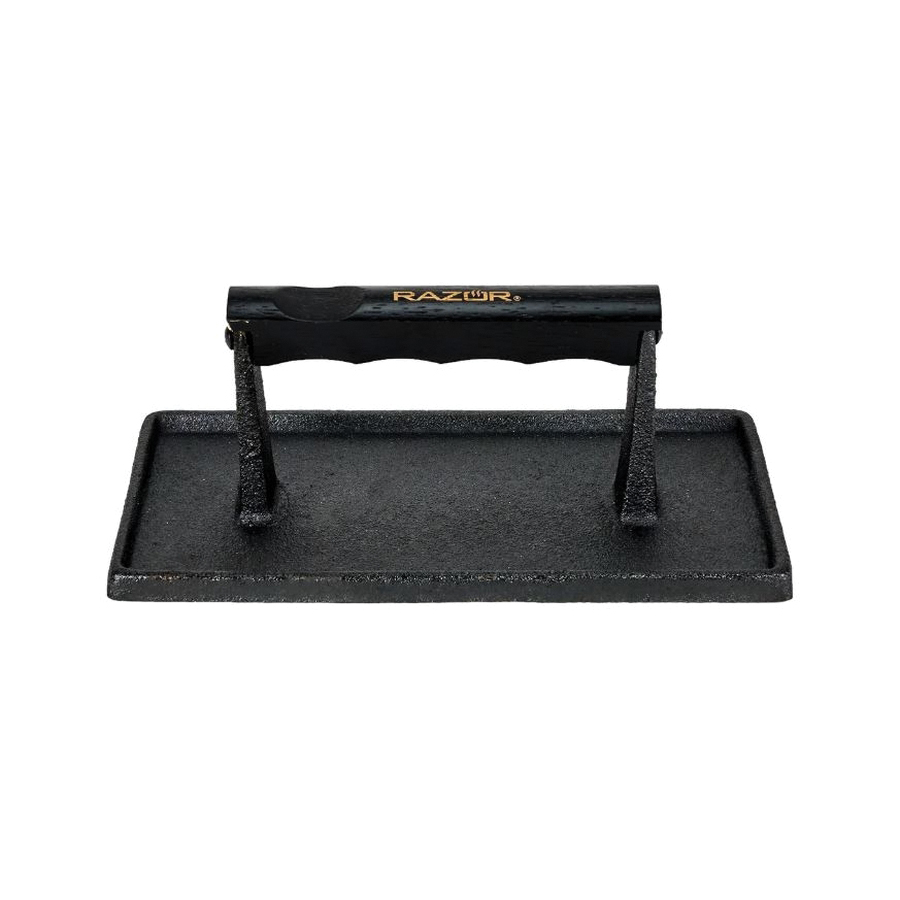 08821RZ Grill Press, 11.6 in L, 8.78 in W, Rectangular, Cast Iron/Wood, Stay-Cool Handle