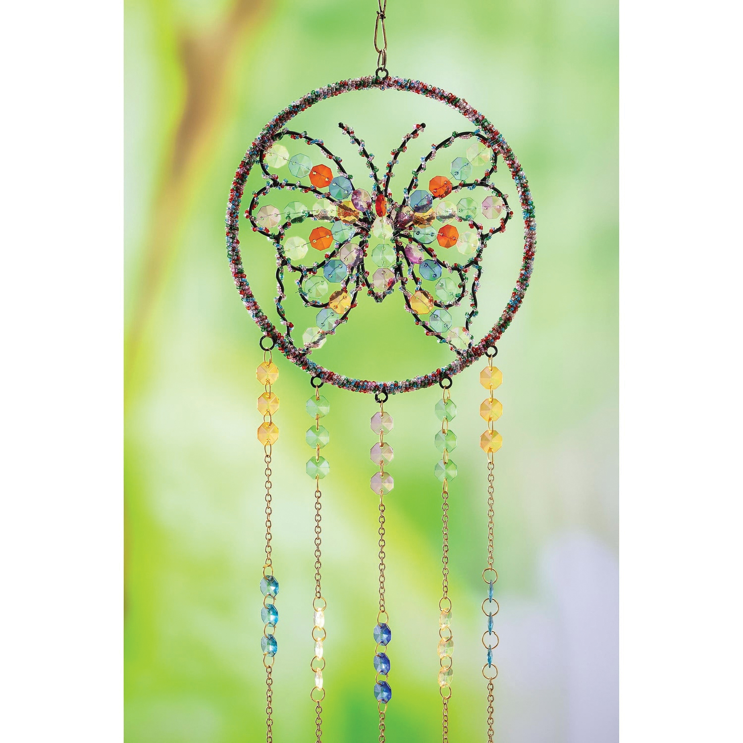 Plow & Hearth 2WC2106 Pollinator Garden Wind Chime, Butterfly, Glass/Metal, Multi-Color, Hanging - 2