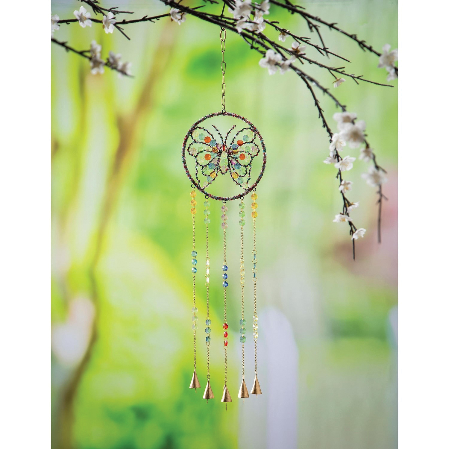 Plow & Hearth 2WC2106 Pollinator Garden Wind Chime, Butterfly, Glass/Metal, Multi-Color, Hanging - 3
