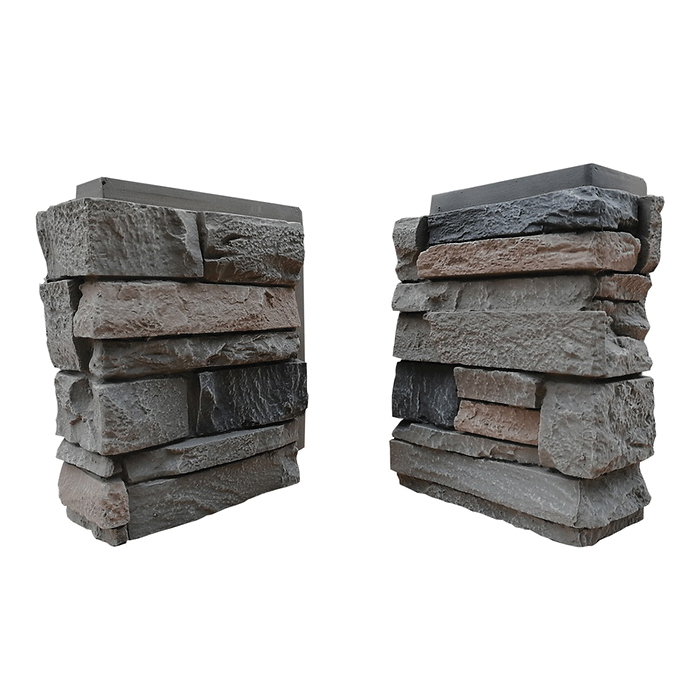 308RBC Siding Corner, 13 in L, 10 in W, 4 in Thick, Interlocking Edge, Ledgestone Profile, Rocky Boulder