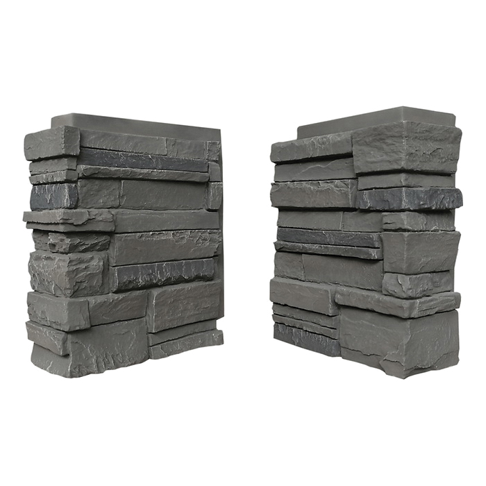 310VAC Siding Corner, 13 in L, 10 in W, 4 in Thick, Interlocking Edge, Stacked Stone Profile, Volcano Ash