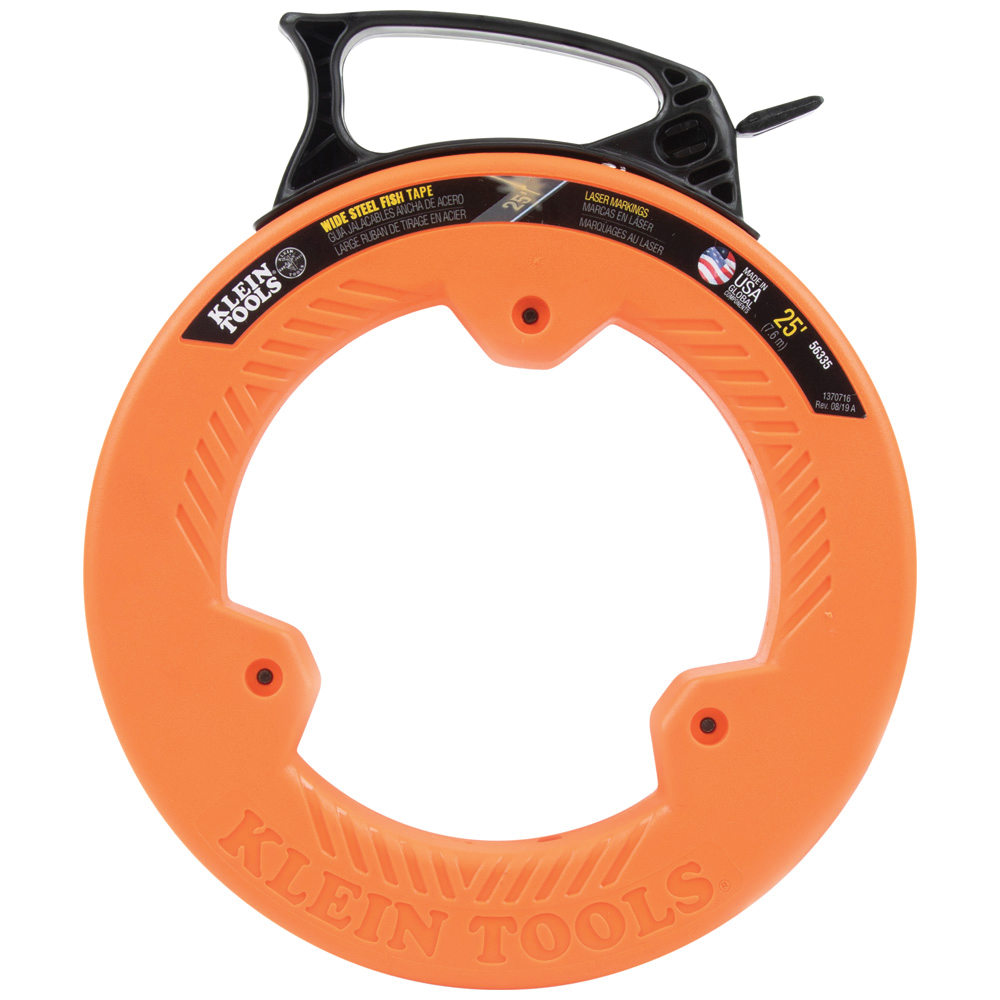 56335 Fish Tape, 0.25 x 0.03 in Tape, 25 ft L Tape, Steel Tape, Black/Orange Case