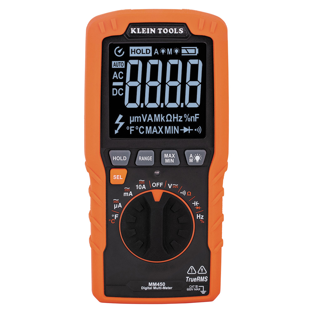 MM450 Digital Multimeter, 600 VAC/VDC, 10 A, 400 uF, 1 to 50 kHz, LCD Display, Black/Orange