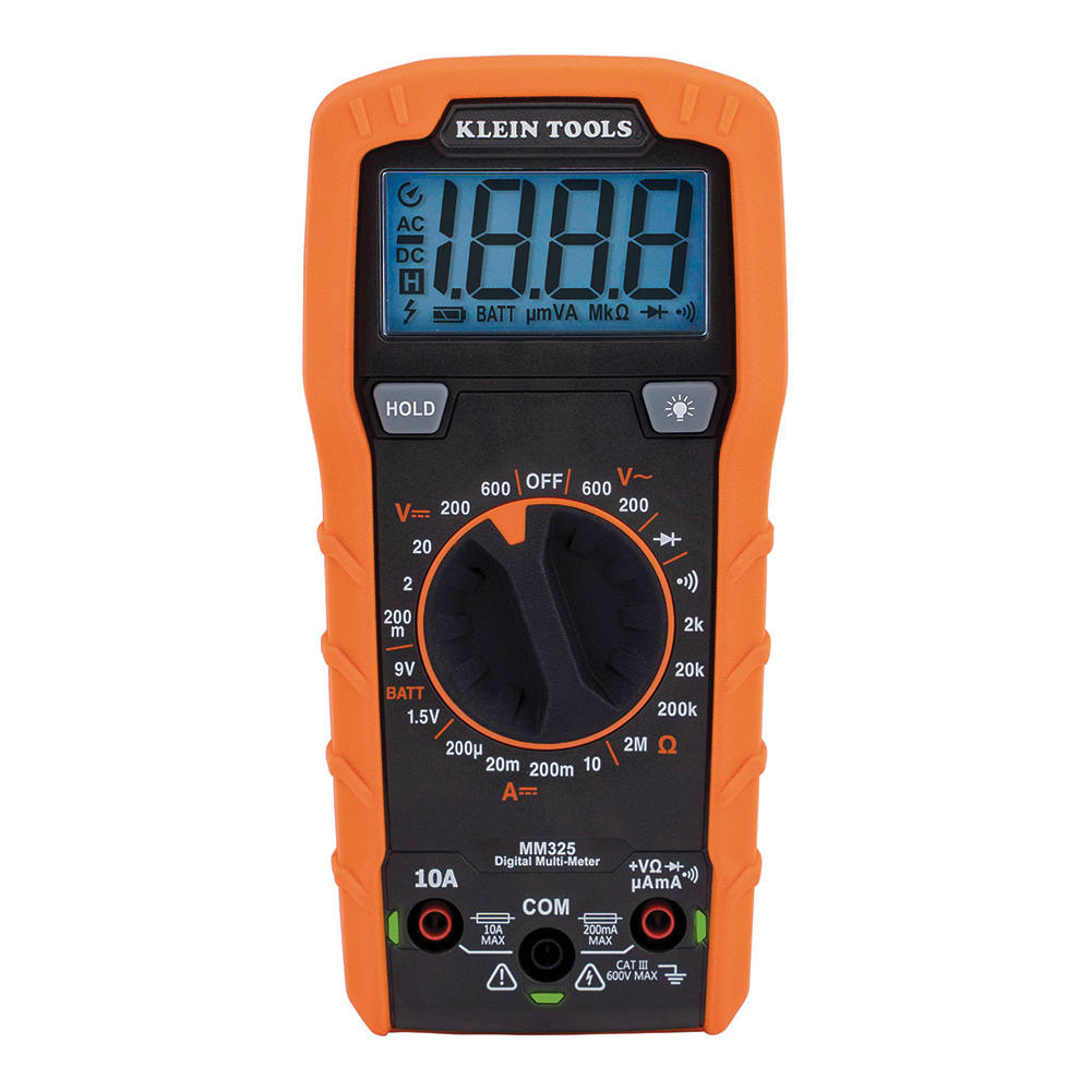 MM325 Digital Multimeter, 600 VAC/VDC, 10 A, LCD Display, Black/Orange