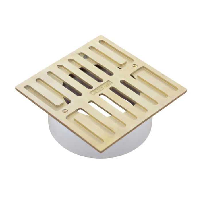 913B Grate with Collar, 4-3/4 in L, 4-3/4 in W, Square, 3/8 in Grate Opening, Brass/PVC, Satin Brass
