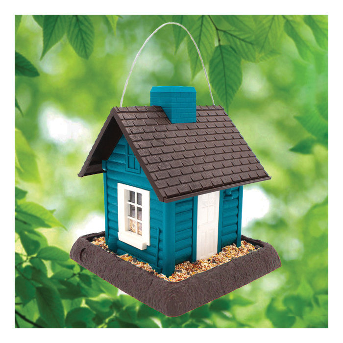 Village Series 9053 Hopper Bird Feeder, Lakeside Cabin, 5 lb, Safflower Seed, Sunflower Seed, Wild Bird, Dark Chocolate Brown/Deep Teal Blue/White