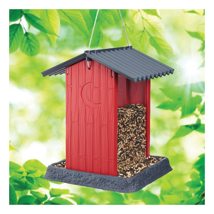 Village Series 9209 Hopper Bird Feeder, Shed, 4.25 lb, Safflower Seed, Sunflower Seed, Wild Bird, Plastic, Clear/Red