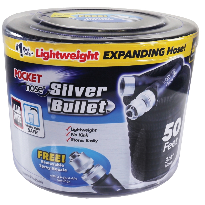 POCKET hose Silver Bullet 17843-6 Expanding Garden Hose, 3/4 in, 50 ft L, Plastic, Black, 2.0