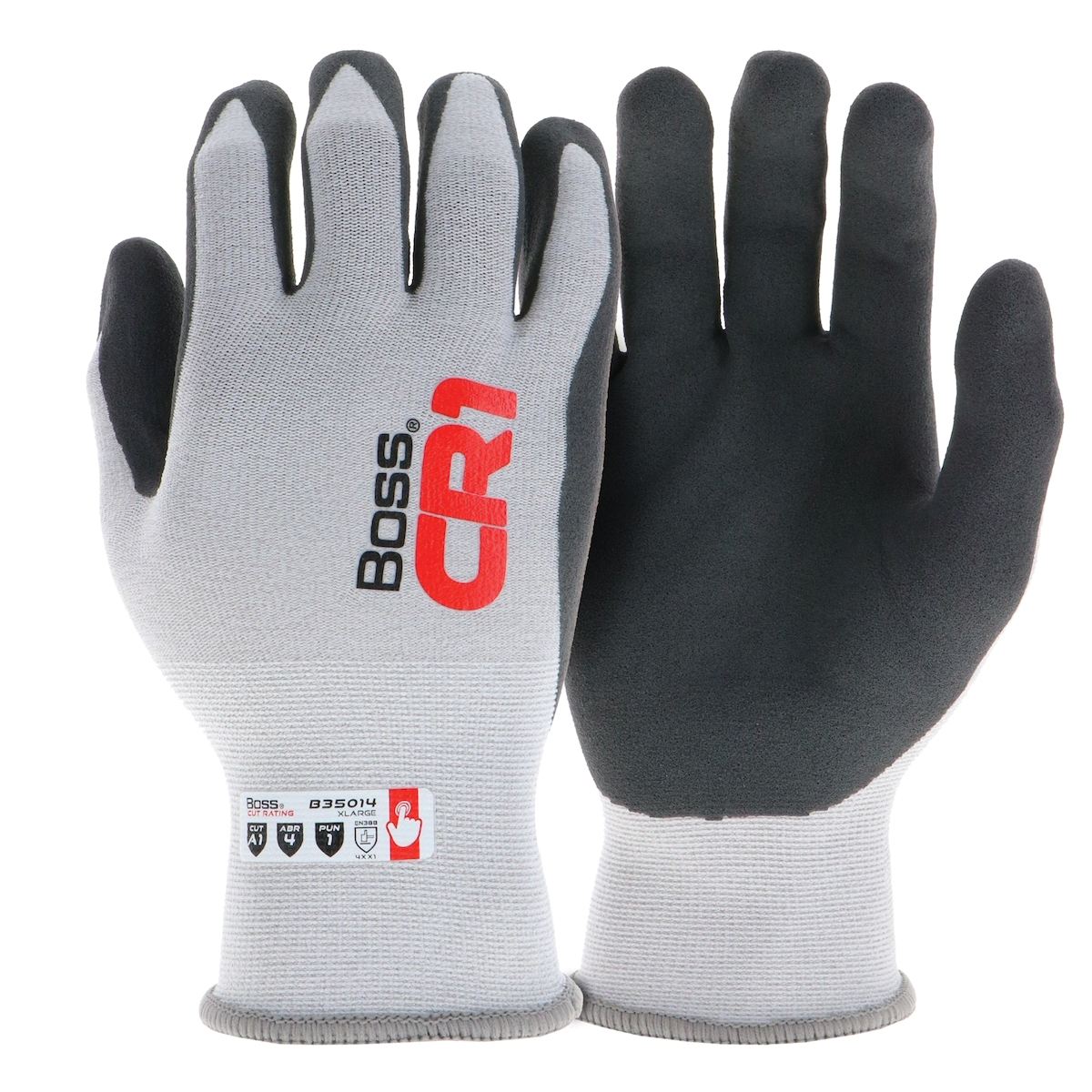 CR1 B35014-M Cut-Resistant Gloves, M, Elastic Cuff, Nitrile Coating, Nylon/Spandex, Gray