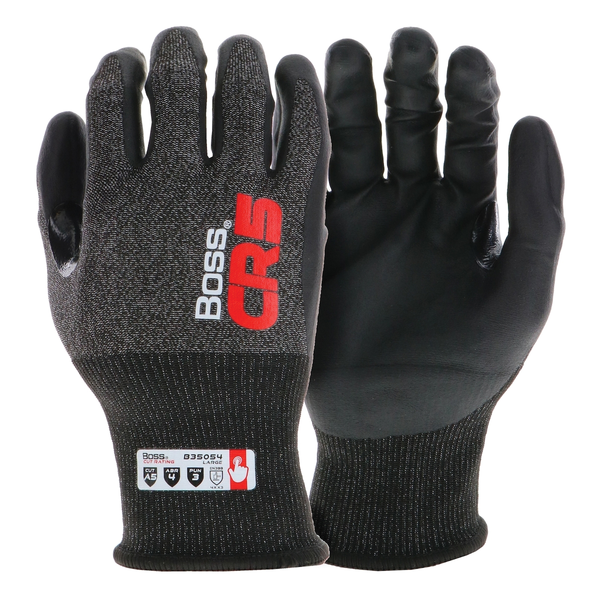 CR5 B35054-M Cut-Resistant Gloves, M, Reinforced Thumb, Elastic Cuff, Nitrile Coating, Nylon, Black